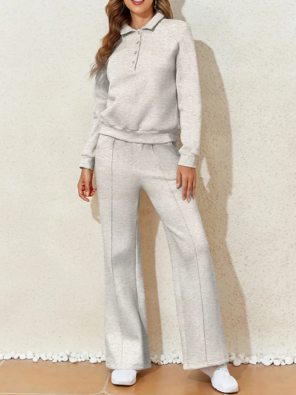 Collared Sweatshirt and High Waist Pants Active Set - Maria de Fatima Andrade