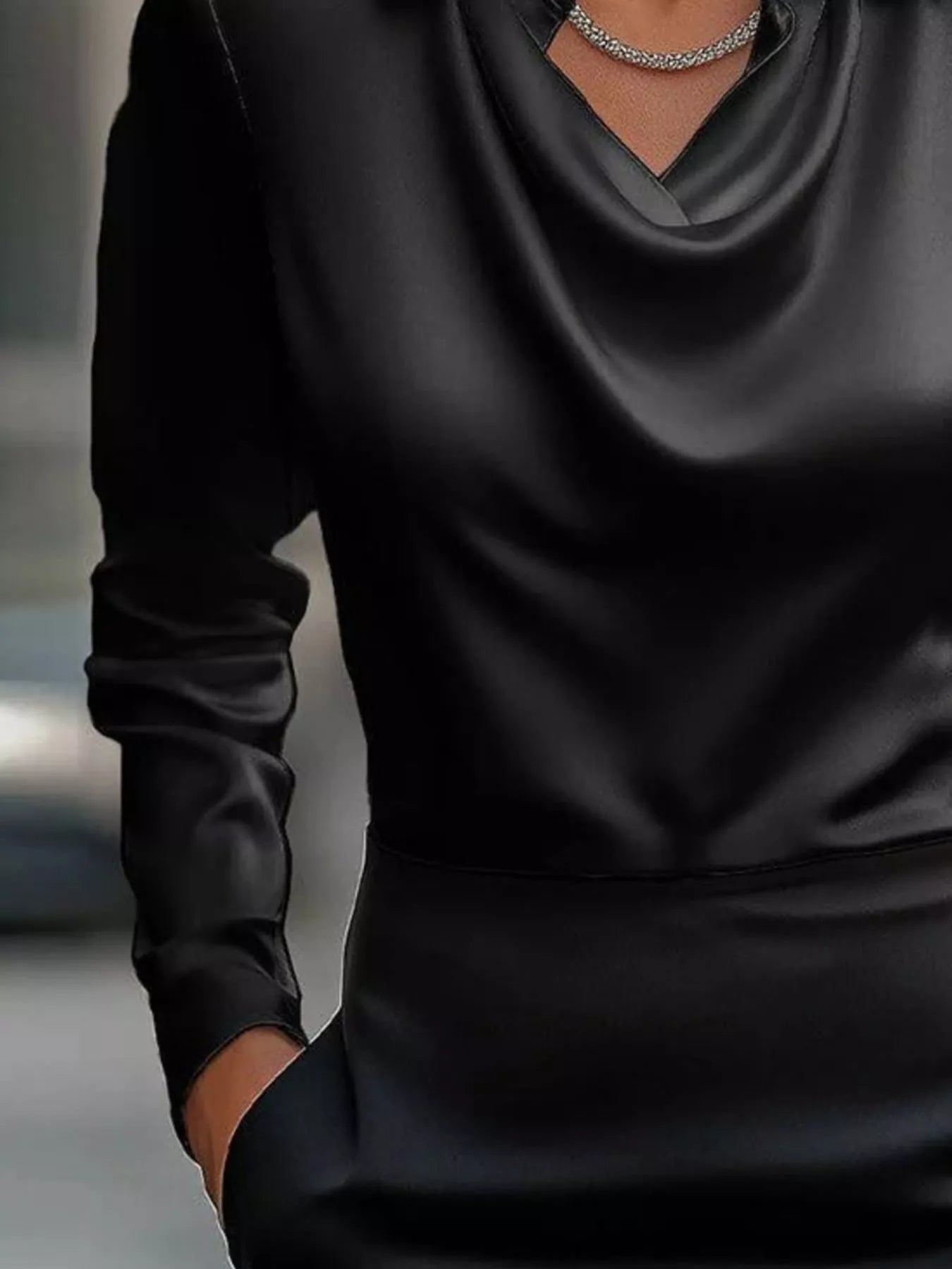 Full Size Satin Cowl Neck Long Sleeve Blouse Plus Size - Maria de Fatima Andrade