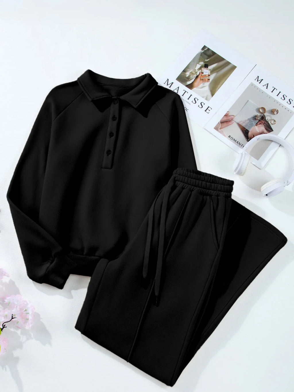 Collared Sweatshirt and High Waist Pants Active Set - Maria de Fatima Andrade