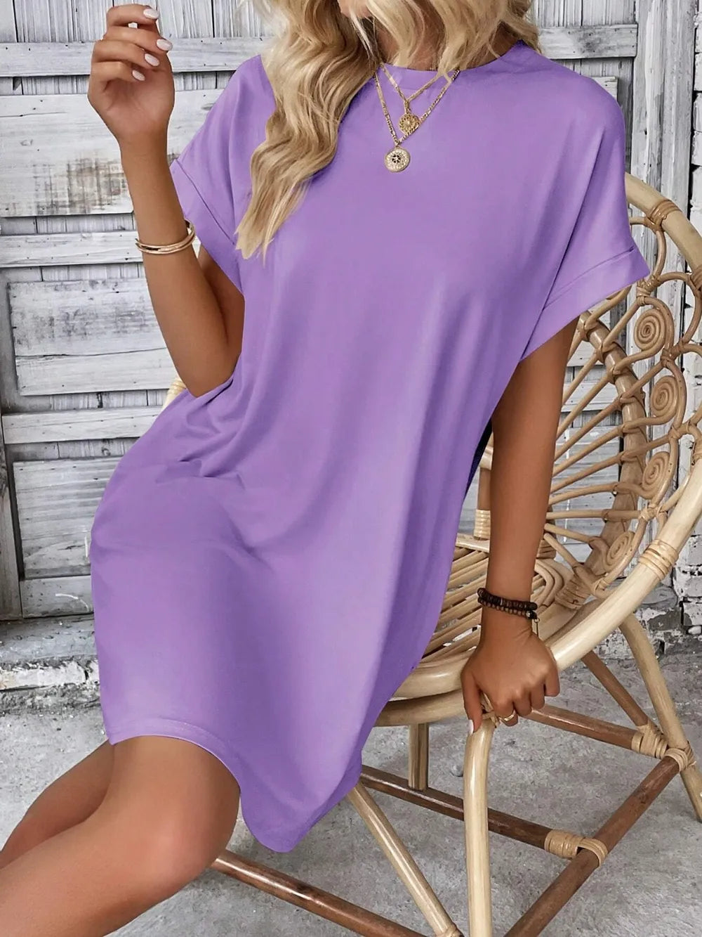 Round Neck Short Sleeve Mini Dress - Maria de Fatima Andrade