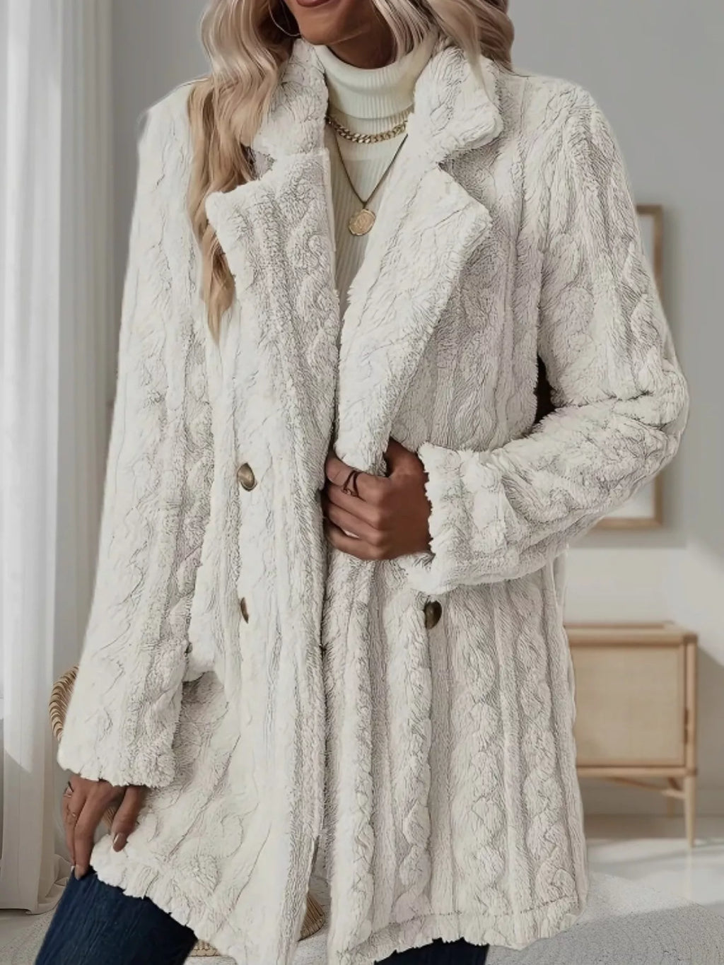 Double-Breasted Fleece Longline Coat - Maria de Fatima Andrade