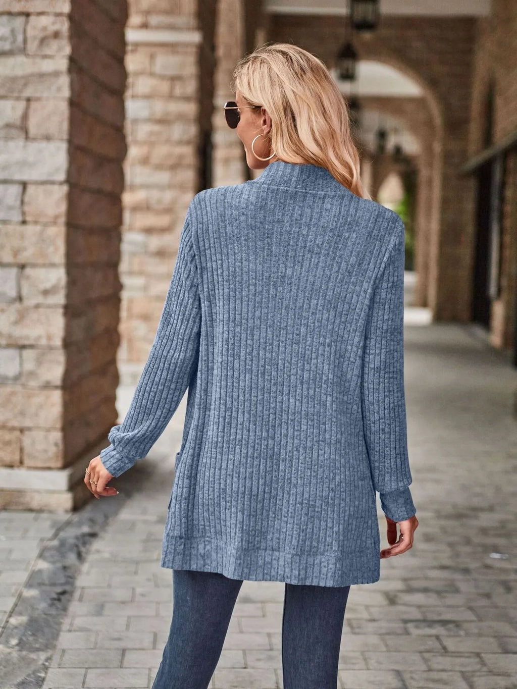 Ribbed Open Front Long Cardigan with Pockets - Maria de Fatima Andrade