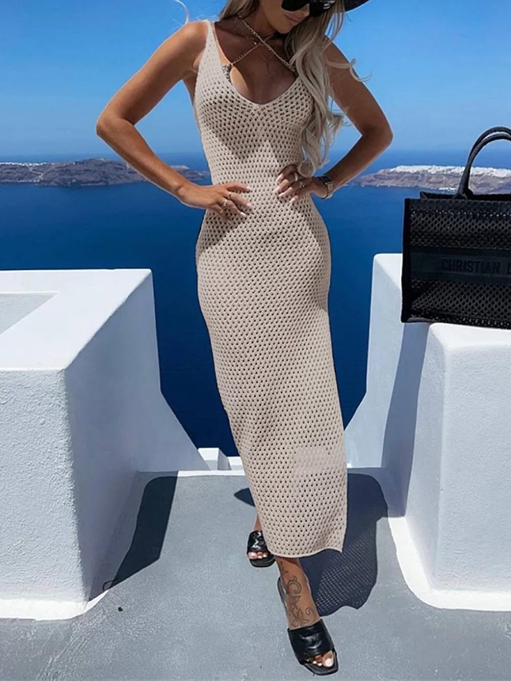 Slit Openwork V-Neck Sleeveless Cover Up - Maria de Fatima Andrade