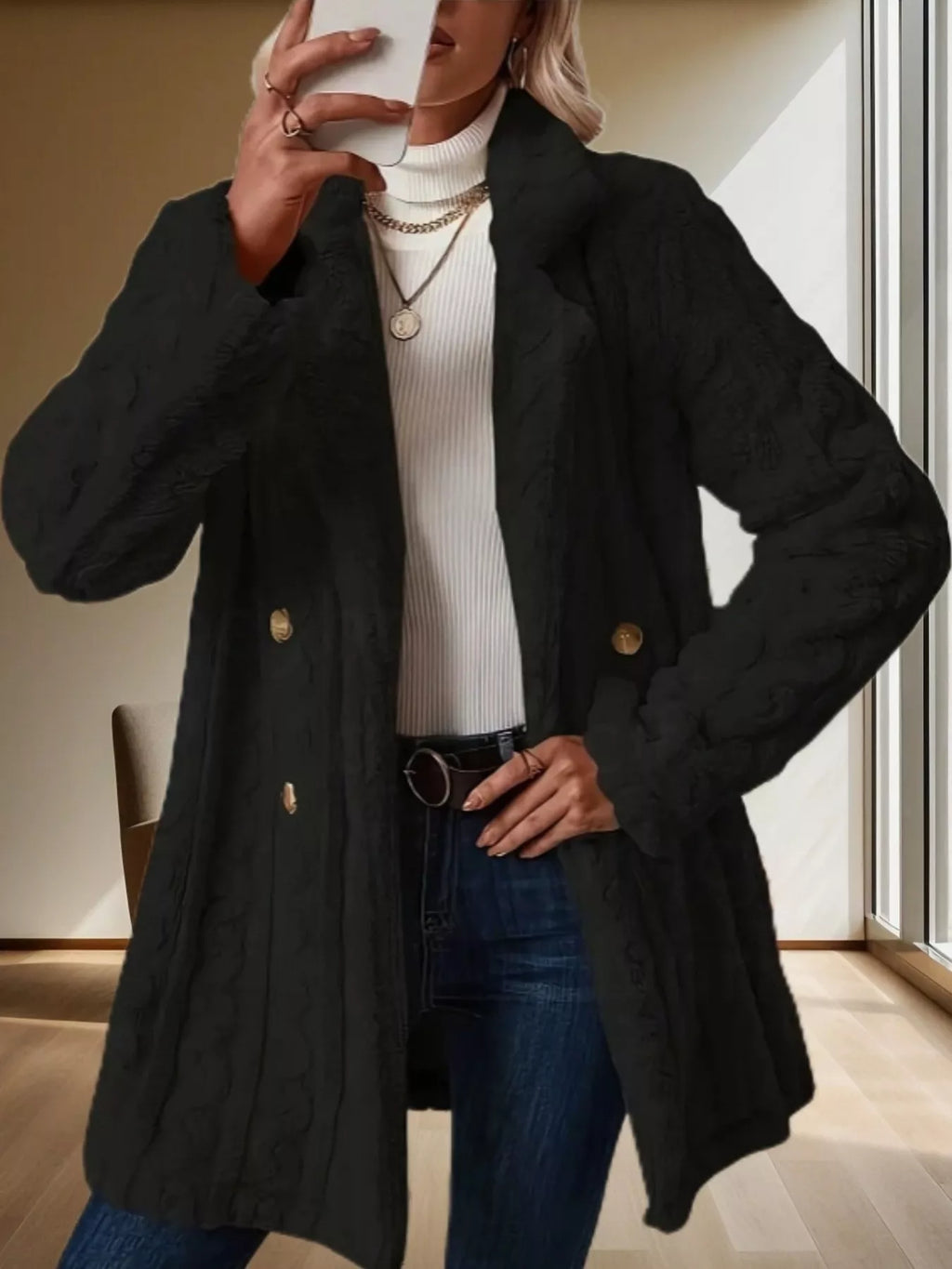 Double-Breasted Fleece Longline Coat - Maria de Fatima Andrade