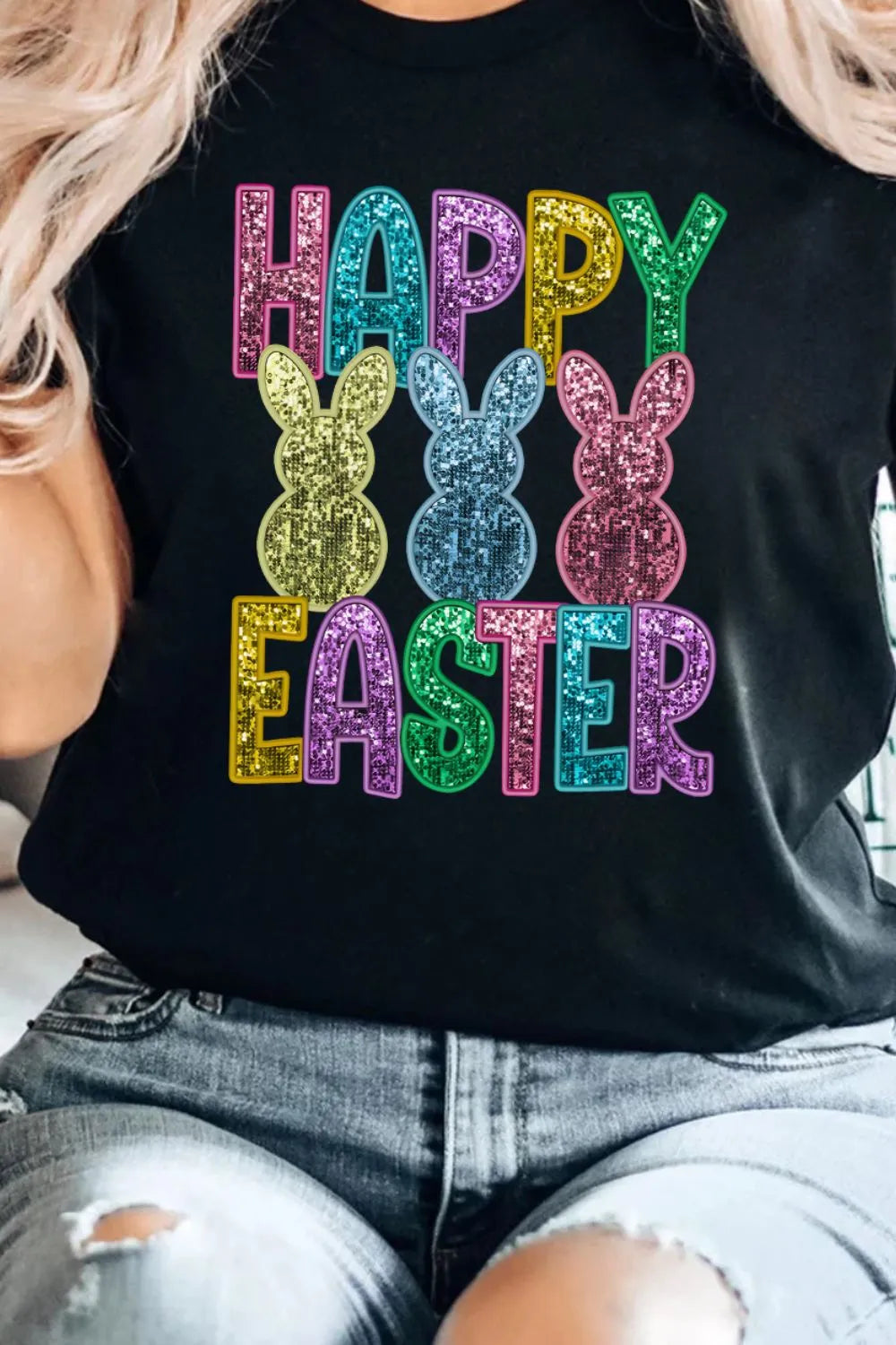 Happy Easter Sequin Bunny Round Neck T-Shirt - Maria de Fatima Andrade