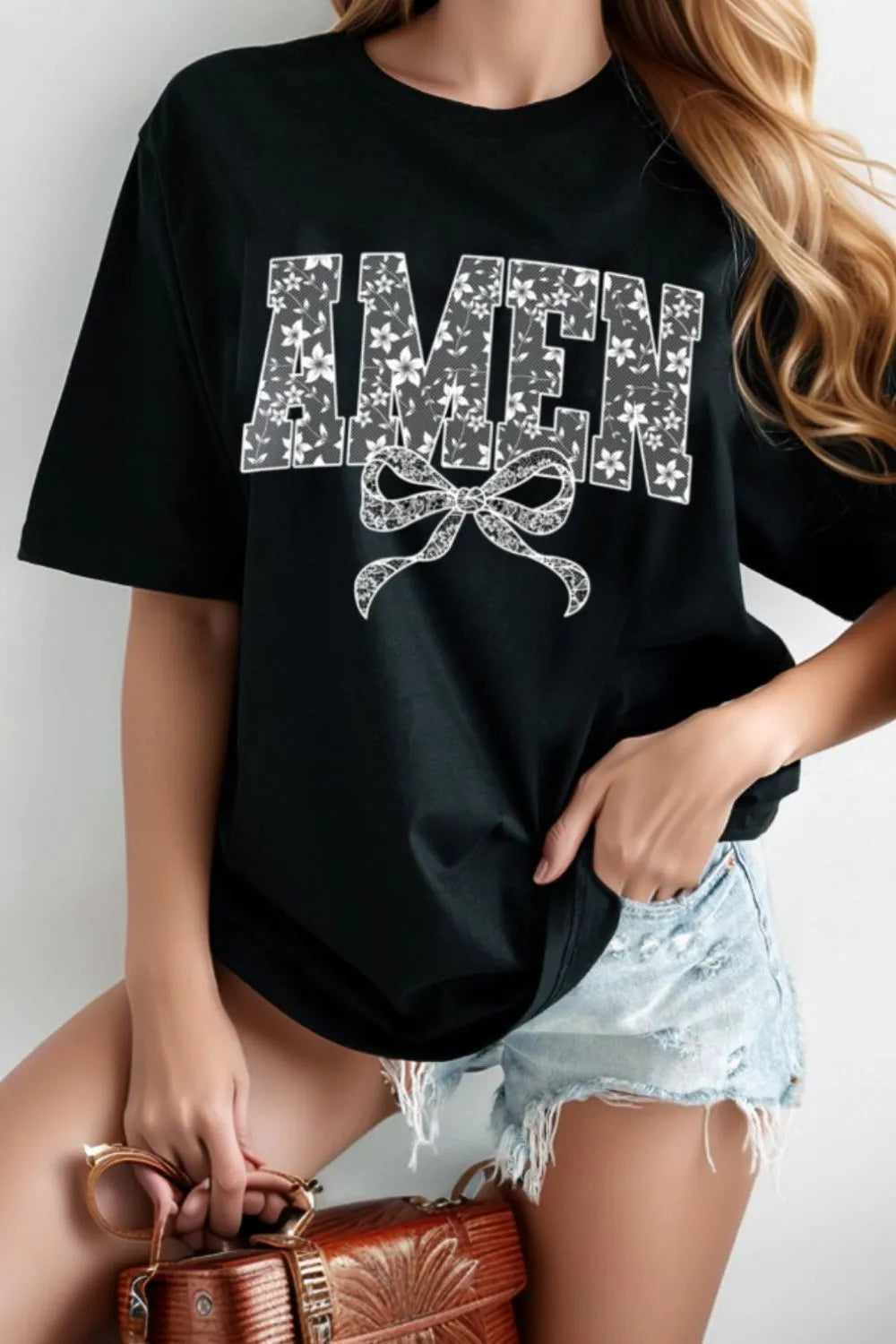 Amen Bow Round Neck Short Sleeve T-Shirt - Maria de Fatima Andrade