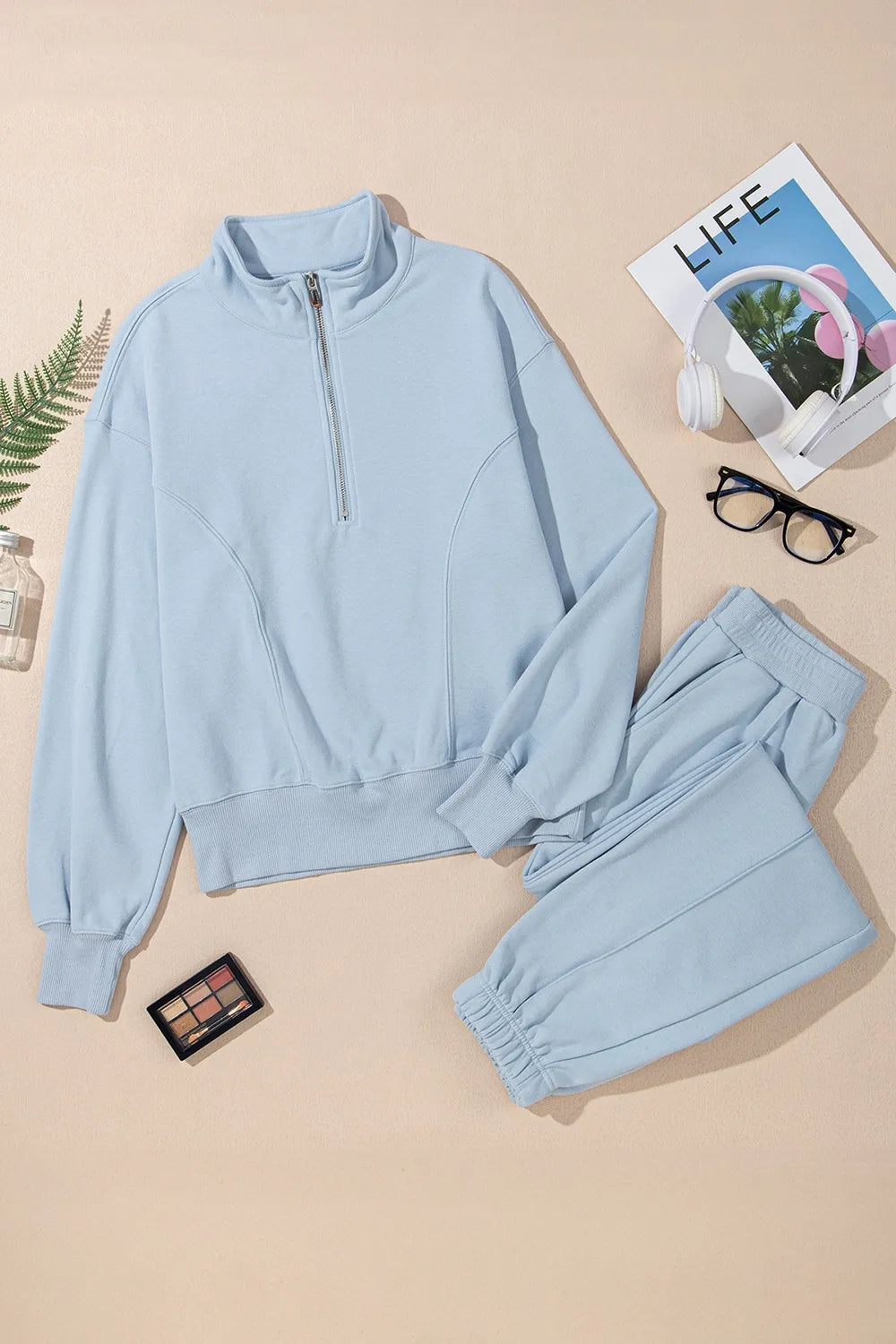 Half Zip Long Sleeve Top and Joggers Set - Maria de Fatima Andrade
