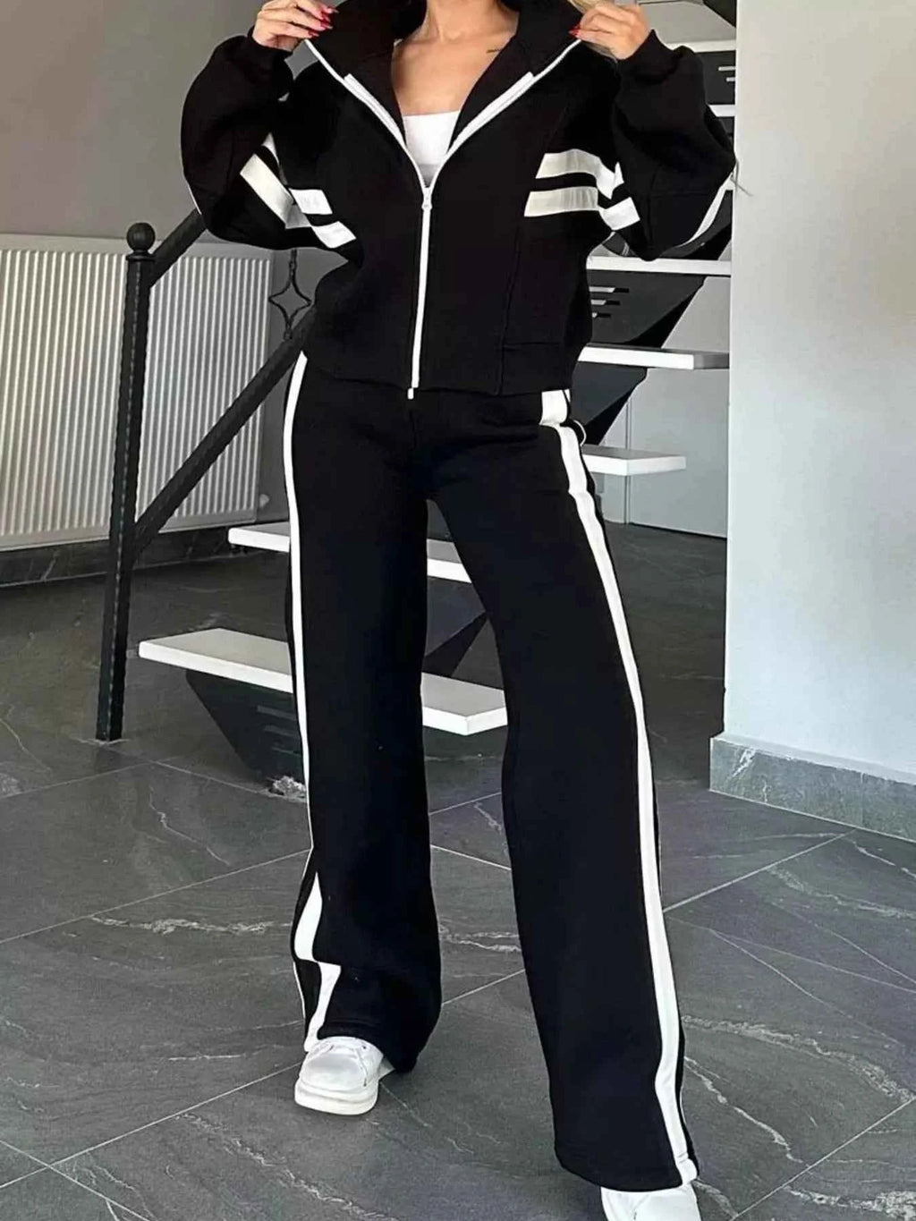 Contrast Stripe Zip-Up Jacket and Pants Set
