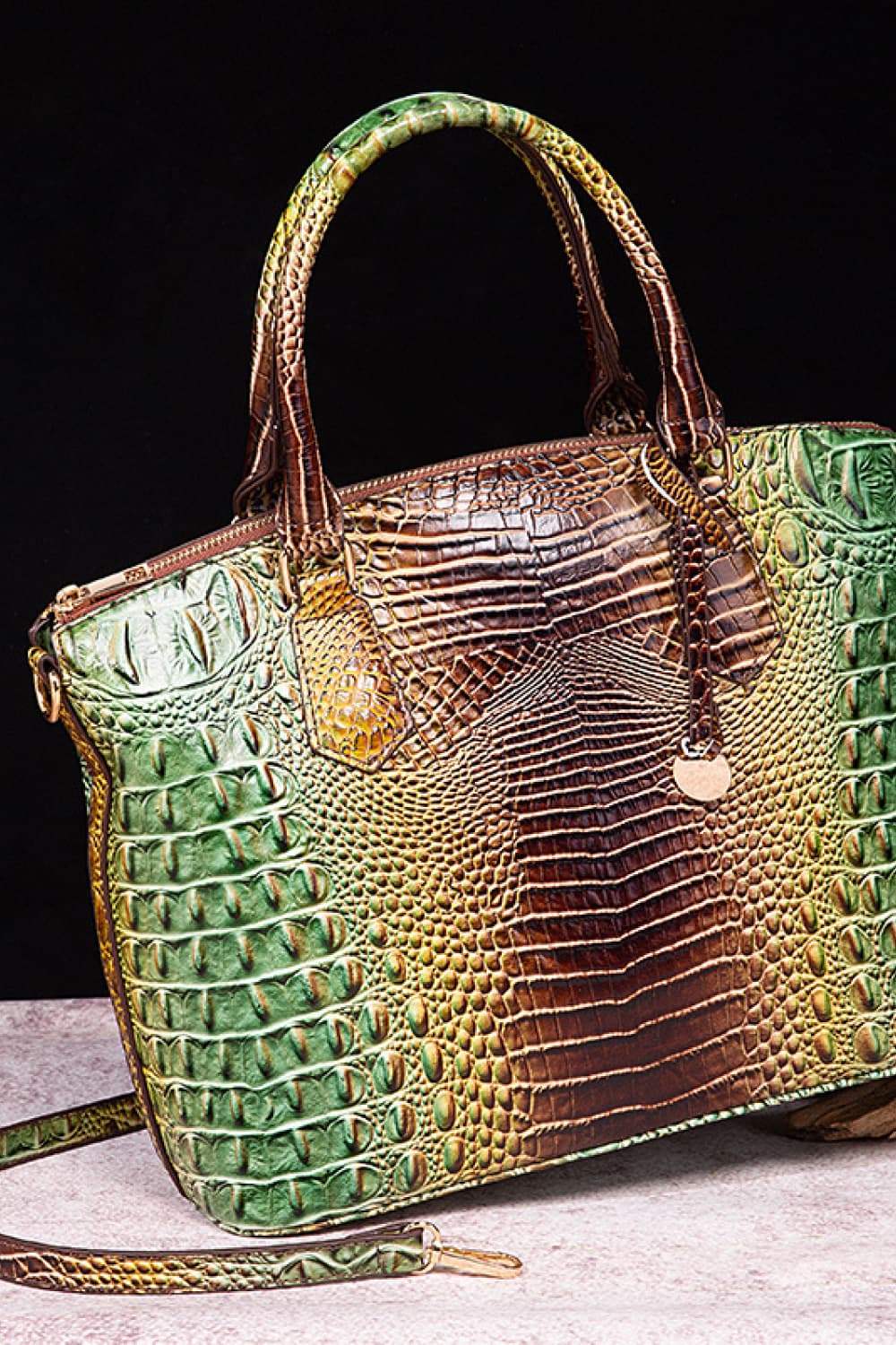 Croc-embossed PU leather handbag with dual top handles, green and brown gradient.