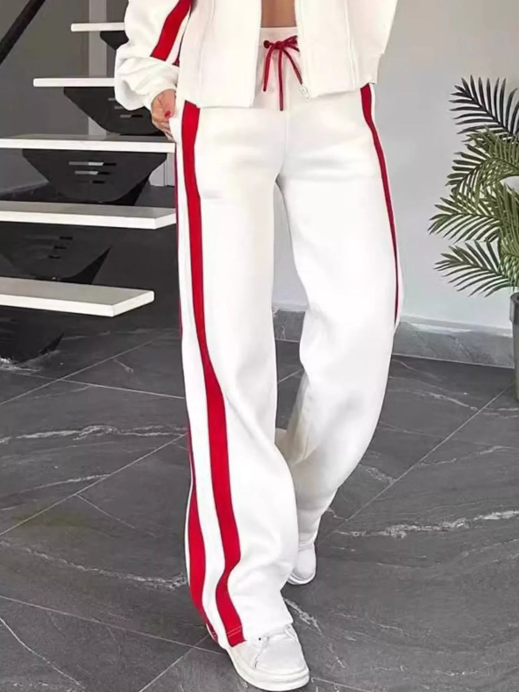 Contrast Stripe Zip-Up Jacket and Pants Set - Maria de Fatima Andrade