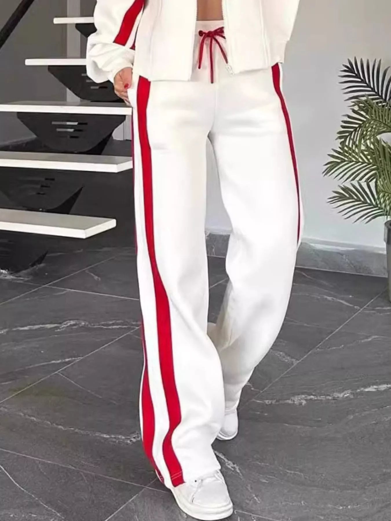 Contrast Stripe Zip-Up Jacket and Pants Set - Maria de Fatima Andrade