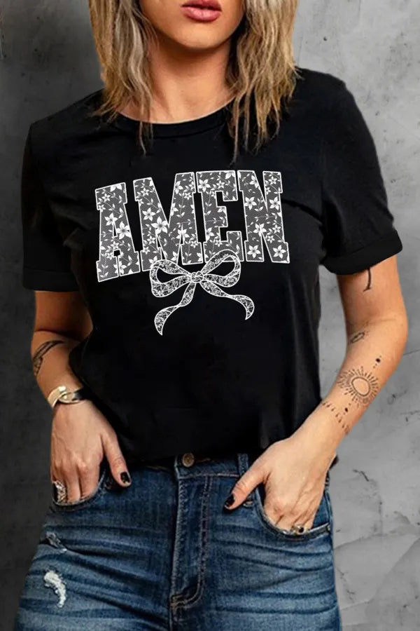 Amen Bow Round Neck Short Sleeve T-Shirt - Maria de Fatima Andrade