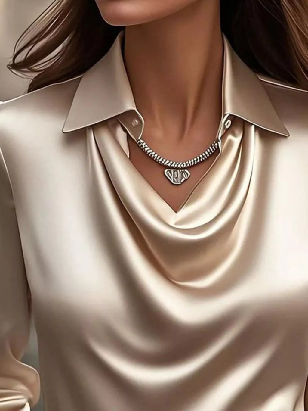 Full Size Satin Cowl Neck Long Sleeve Blouse Plus Size - Maria de Fatima Andrade
