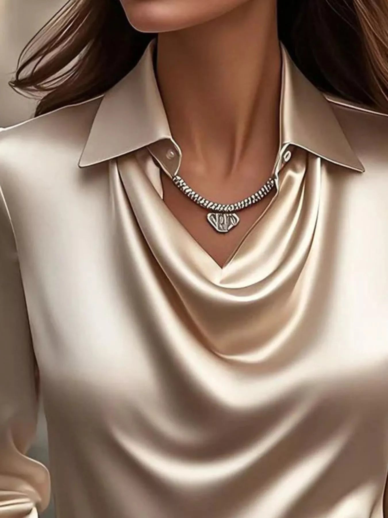Full Size Satin Cowl Neck Long Sleeve Blouse Plus Size - Maria de Fatima Andrade
