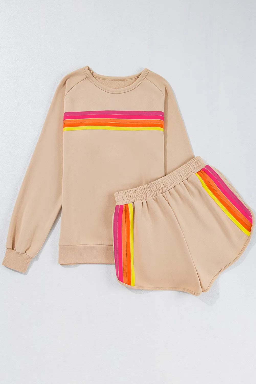 Full Size Contrast Striped Round Neck Top and Shorts Set - Maria de Fatima Andrade