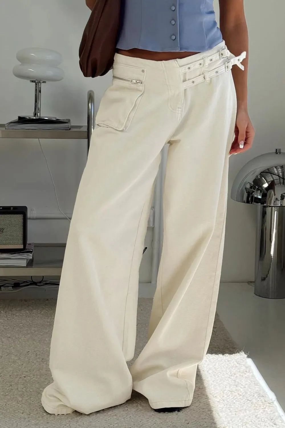 Wide-leg jeans with front pockets, button waist, cream color, relaxed full-length