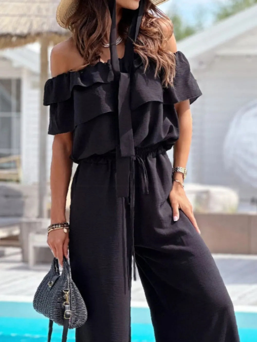 Ruffled Off  Shoulder Wide Leg Jumpsuit - Maria de Fatima Andrade