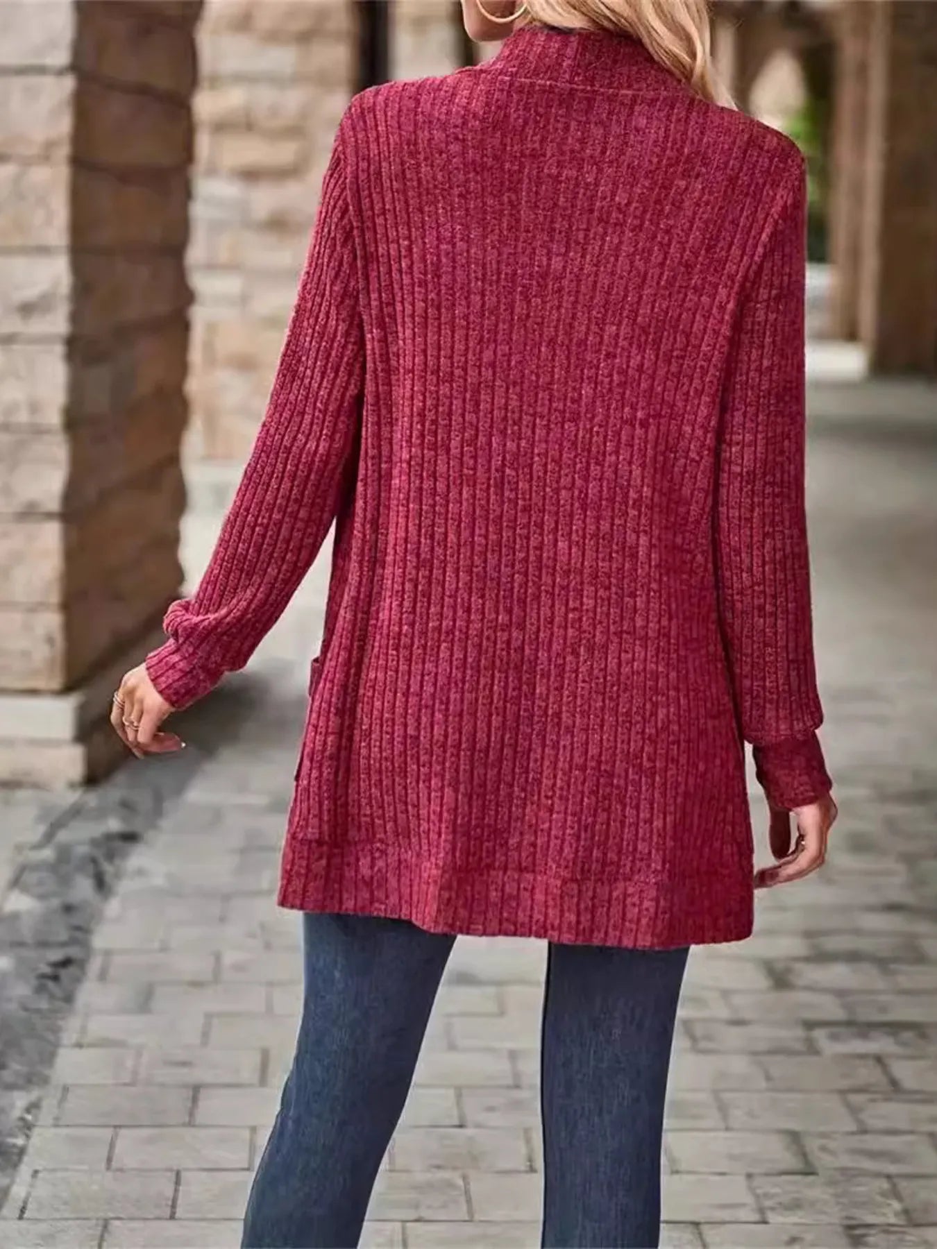 Ribbed Open Front Long Cardigan with Pockets - Maria de Fatima Andrade