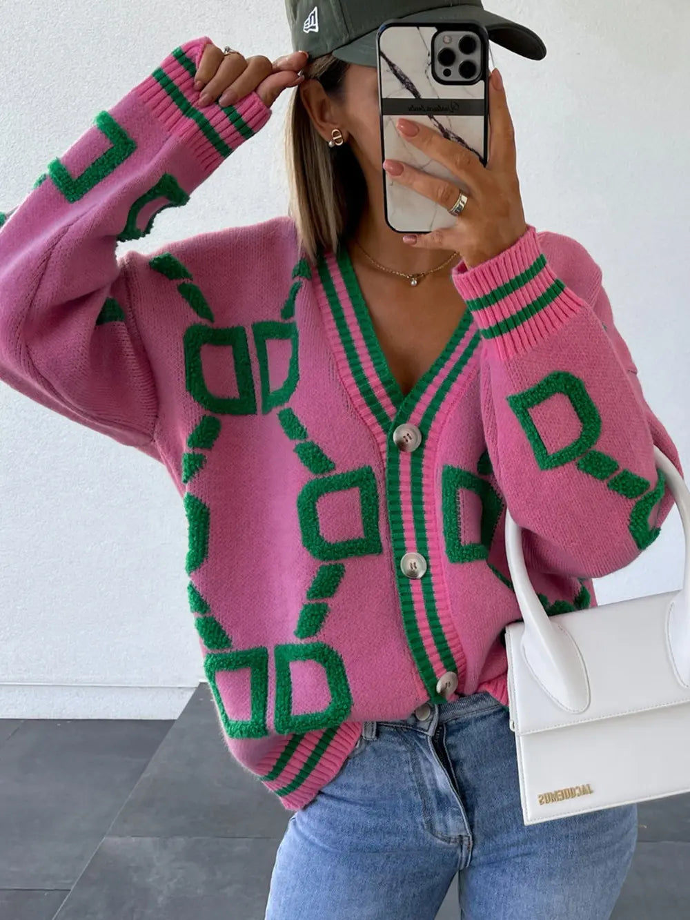 Geometric Dropped Shoulder Button Down Cardigan - Maria de Fatima Andrade