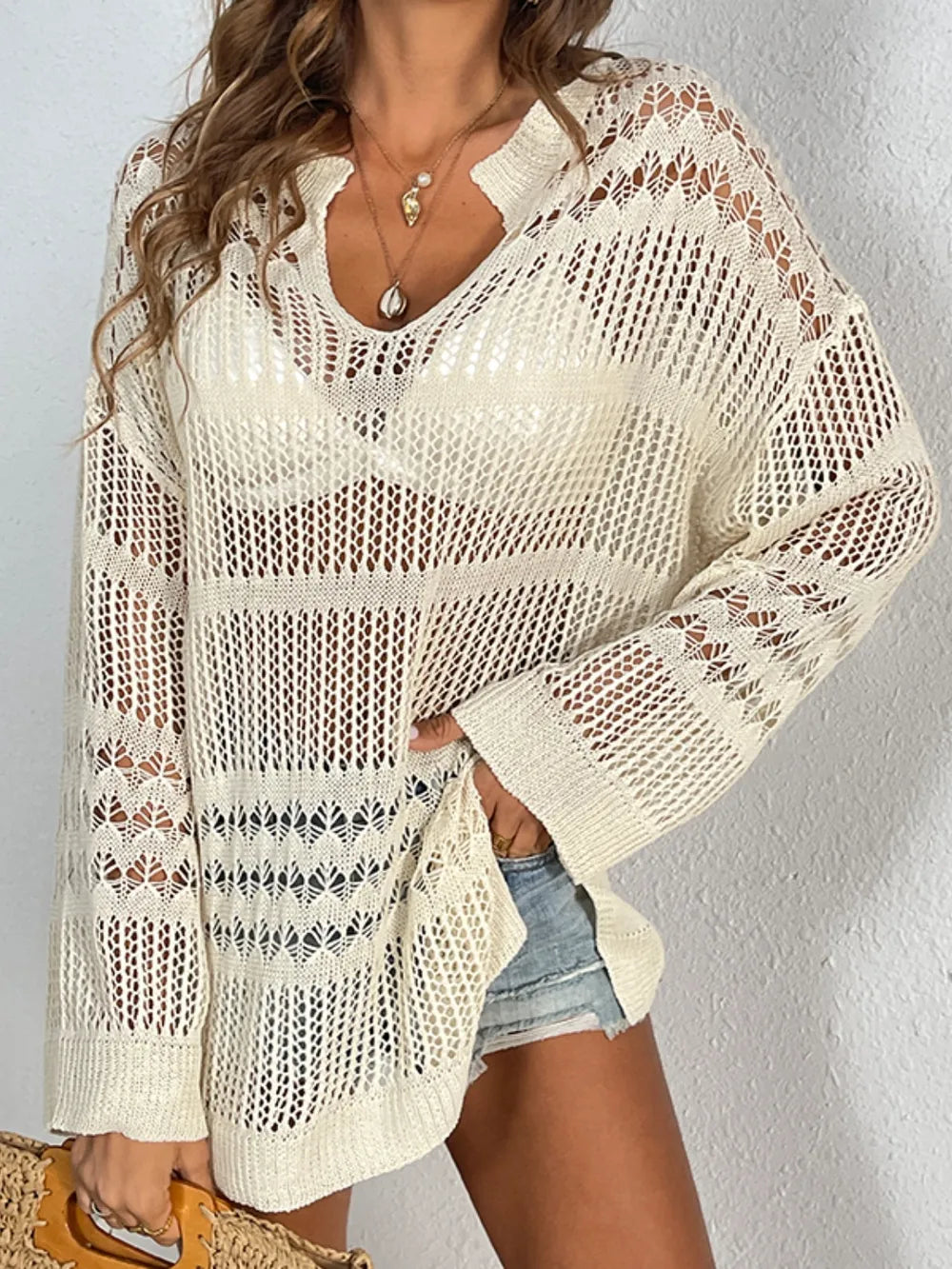 Cutout Notched Long Sleeve Cover-Up - Maria de Fatima Andrade