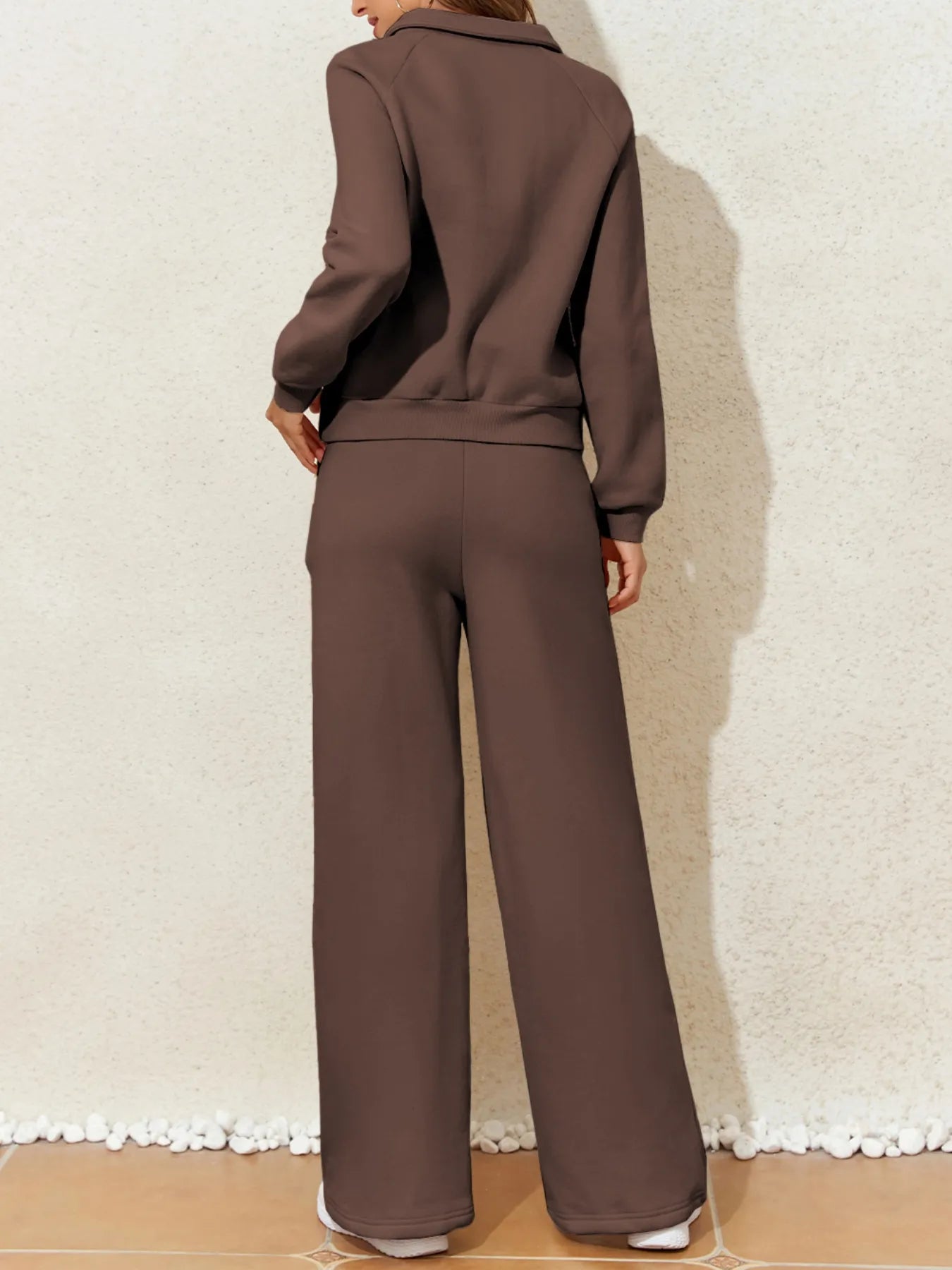 Collared Sweatshirt and High Waist Pants Active Set - Maria de Fatima Andrade