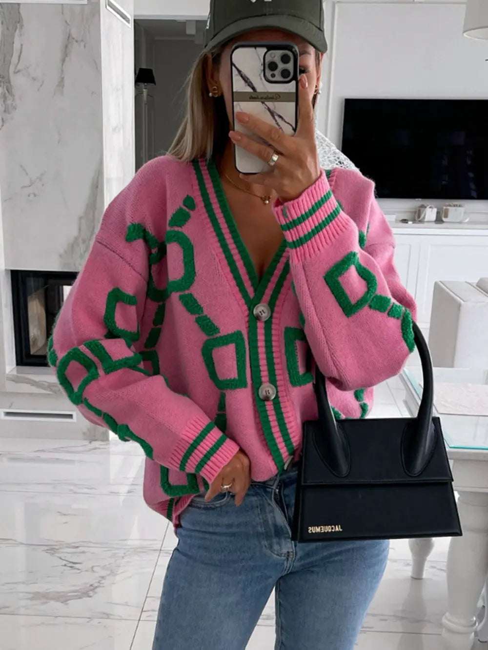 Geometric Dropped Shoulder Button Down Cardigan - Maria de Fatima Andrade