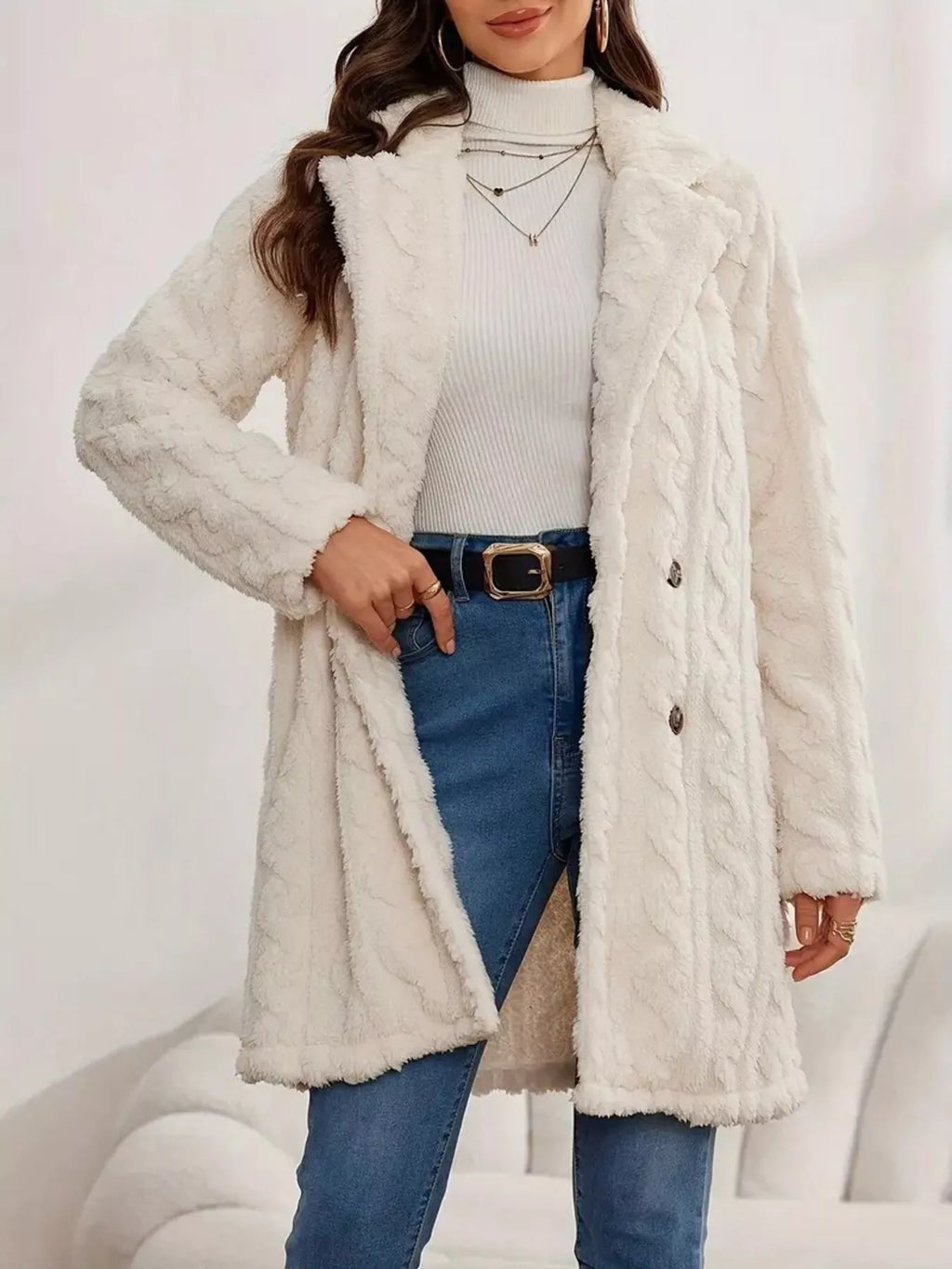 Double-Breasted Fleece Longline Coat - Maria de Fatima Andrade