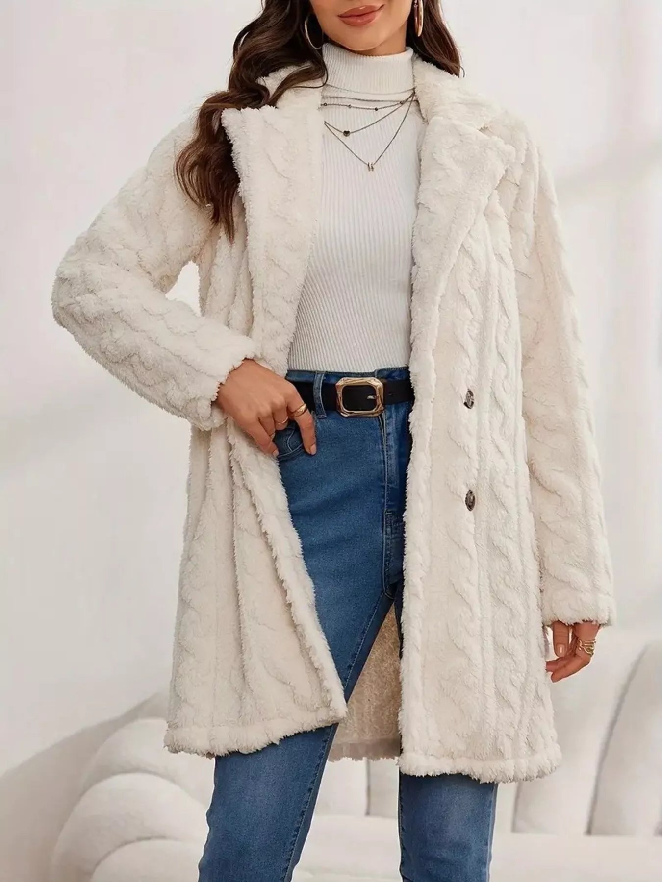 Double-Breasted Fleece Longline Coat - Maria de Fatima Andrade