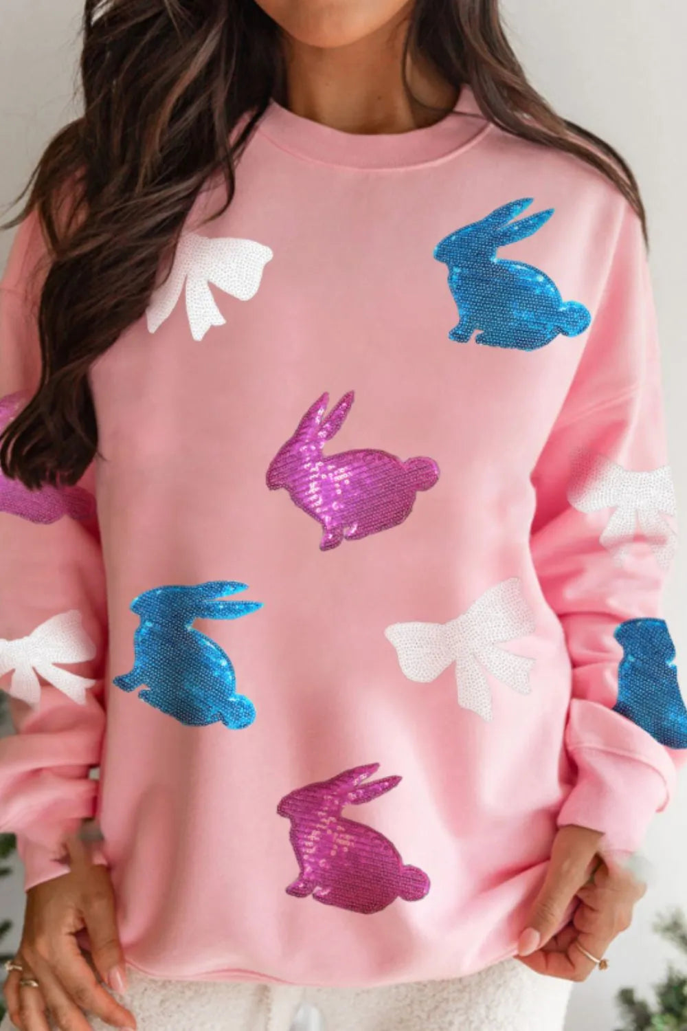 Easter Bunny Bow Knot Sequined Sweatshirt - Maria de Fatima Andrade