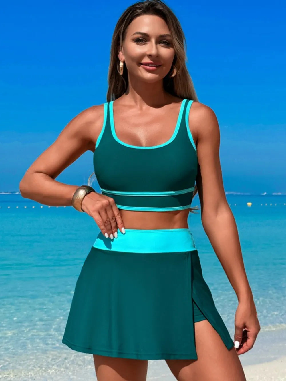 Scoop Neck Top and Skort Swim Set - Maria de Fatima Andrade
