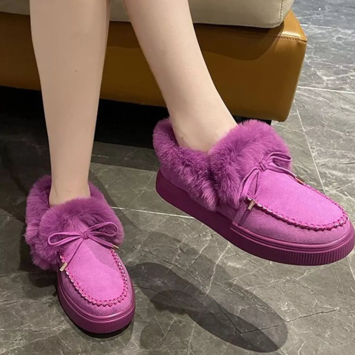 Fuzzy Round Toe Slip-Ons - Maria de Fatima Andrade