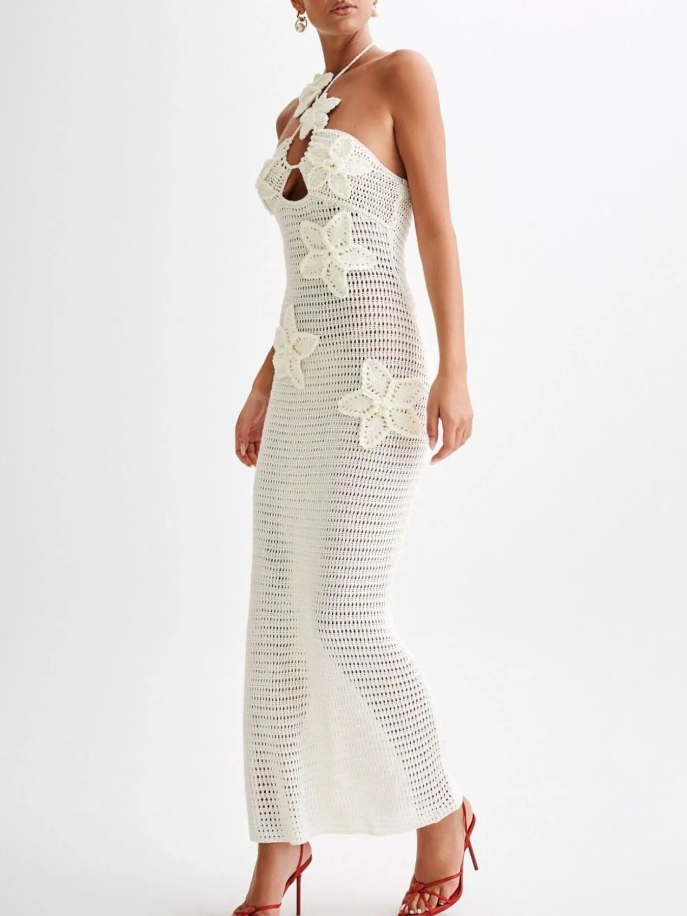 Crochet Floral Halter Knit Cover Up Dress - Maria de Fatima Andrade
