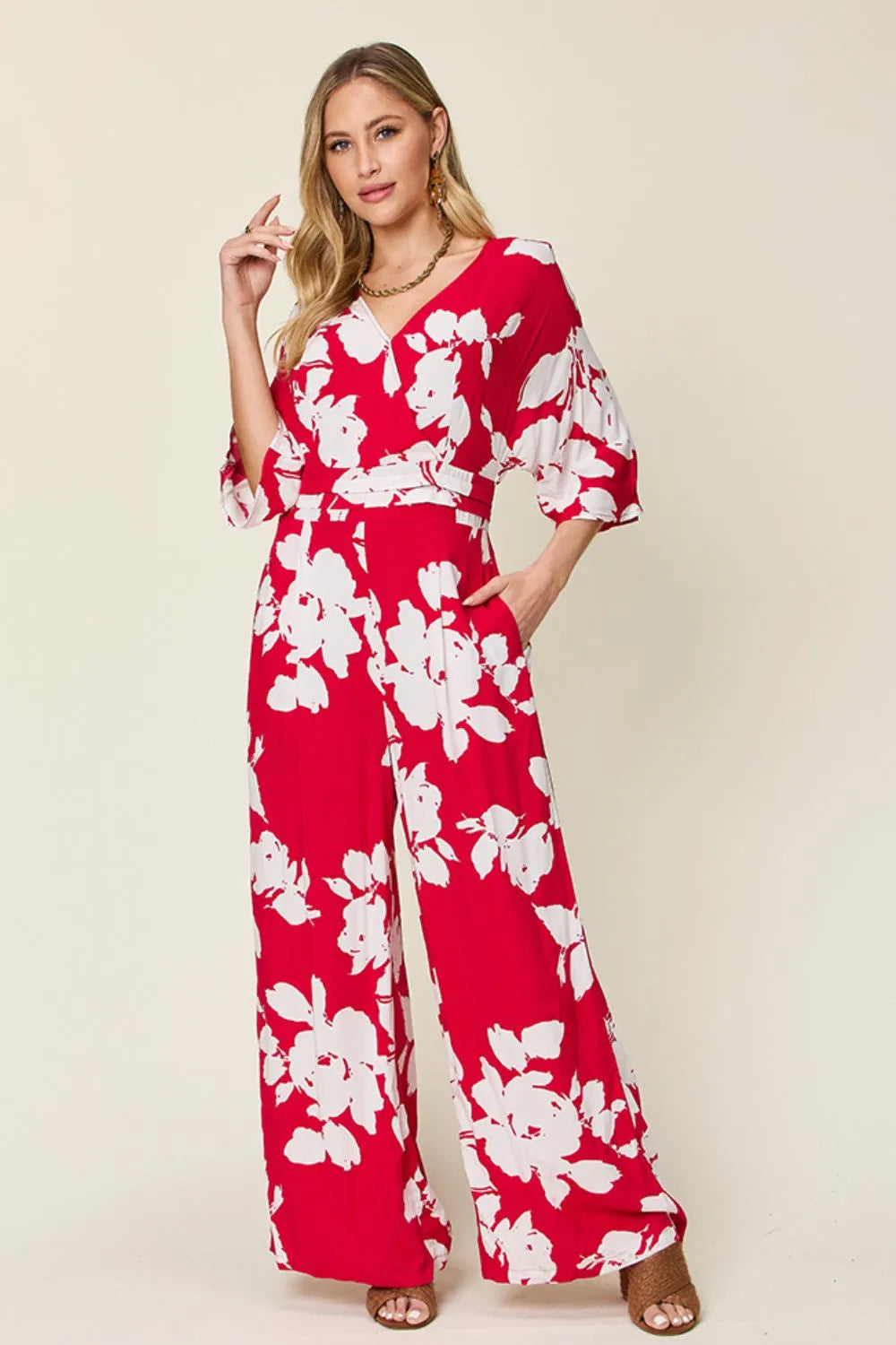 Double Take Full Size Printed Tie Back Wide Leg Jumpsuit - Maria de Fatima Andrade