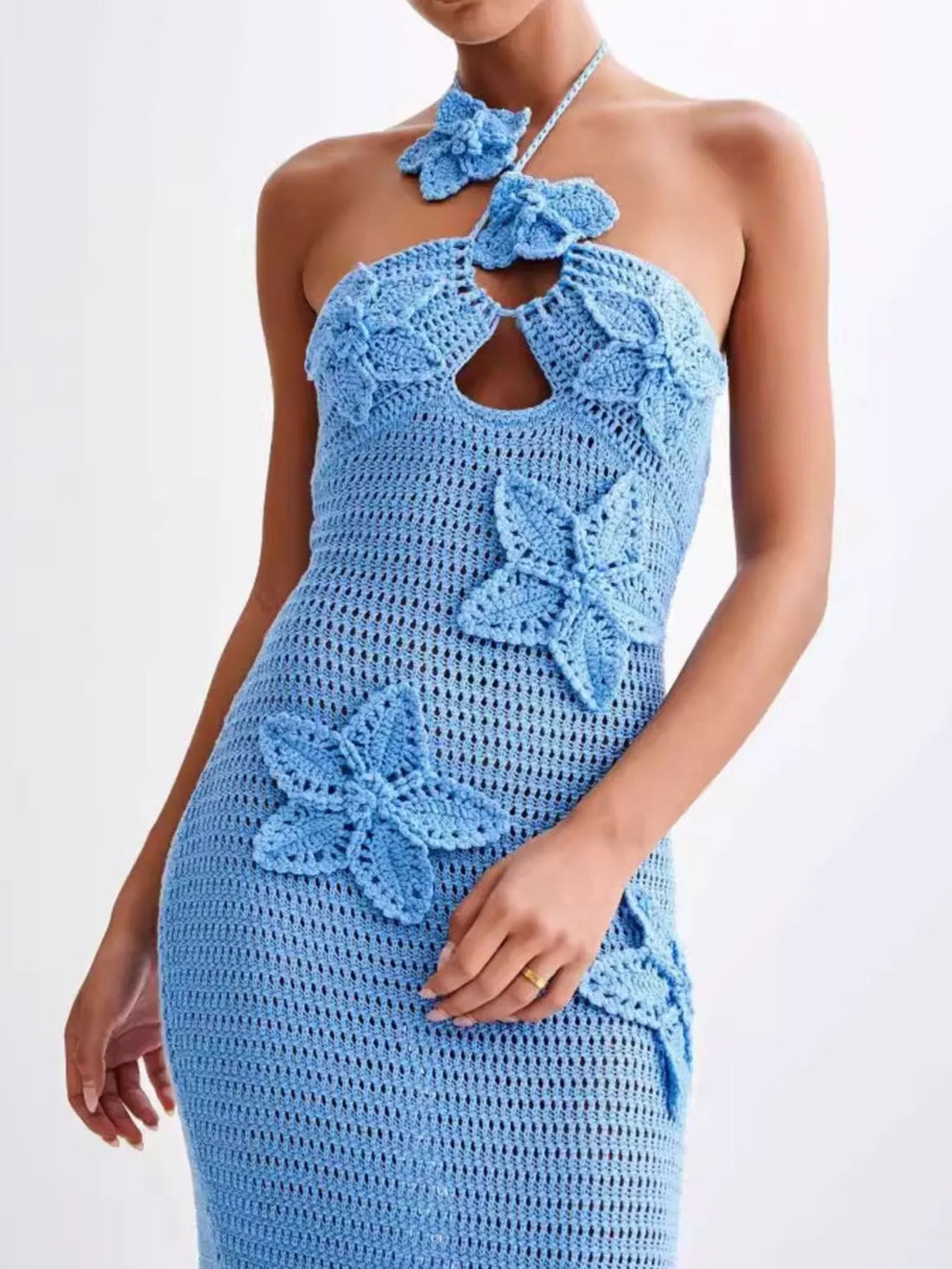 Crochet Floral Halter Knit Cover Up Dress - Maria de Fatima Andrade