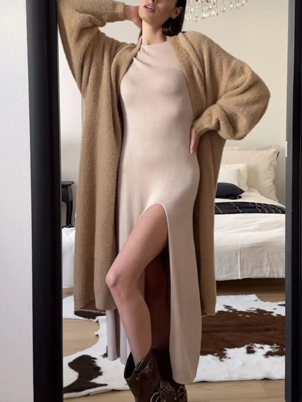 Fuzzy Open Front Solid Color Cardigan - Maria de Fatima Andrade