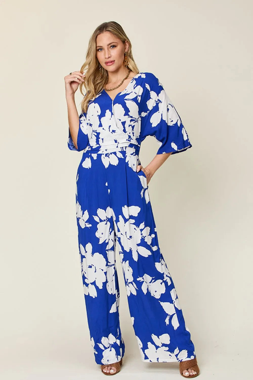 Double Take Full Size Printed Tie Back Wide Leg Jumpsuit - Maria de Fatima Andrade