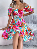 Ruffled Hem Smocked Floral Short Sleeve Midi Dress - Maria de Fatima Andrade