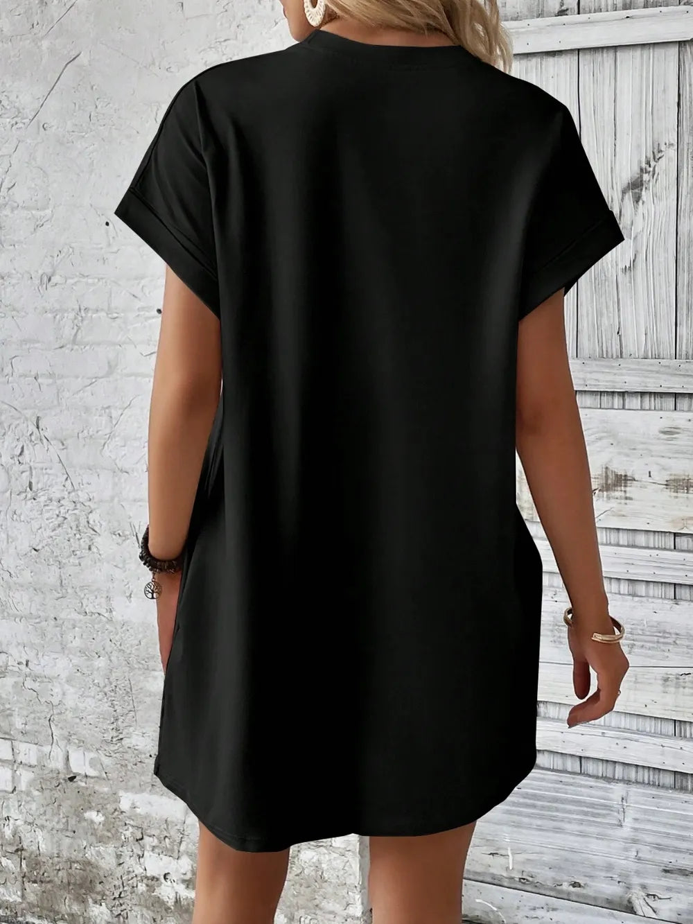 Round Neck Short Sleeve Mini Dress - Maria de Fatima Andrade