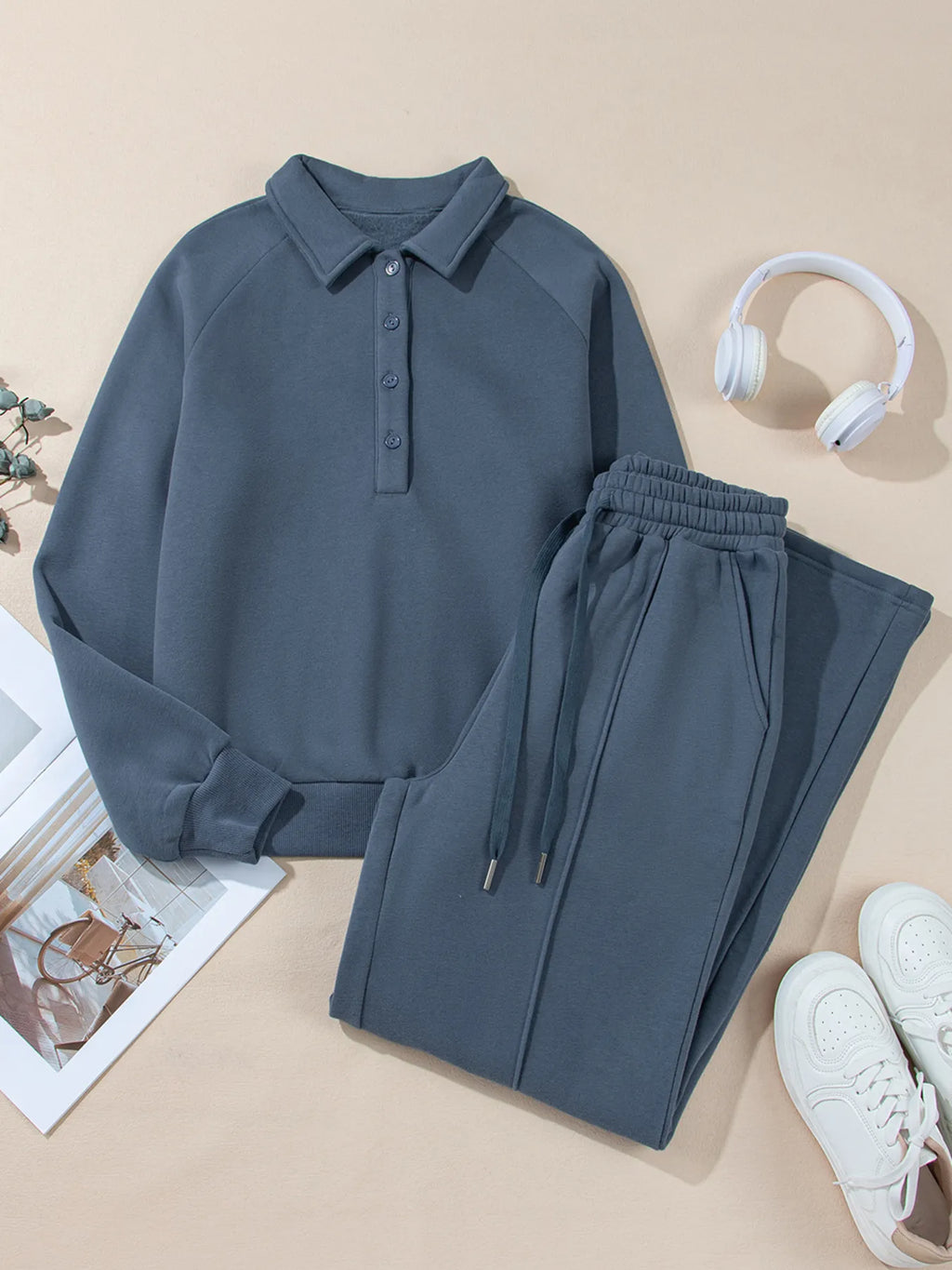 Collared Sweatshirt and High Waist Pants Active Set - Maria de Fatima Andrade