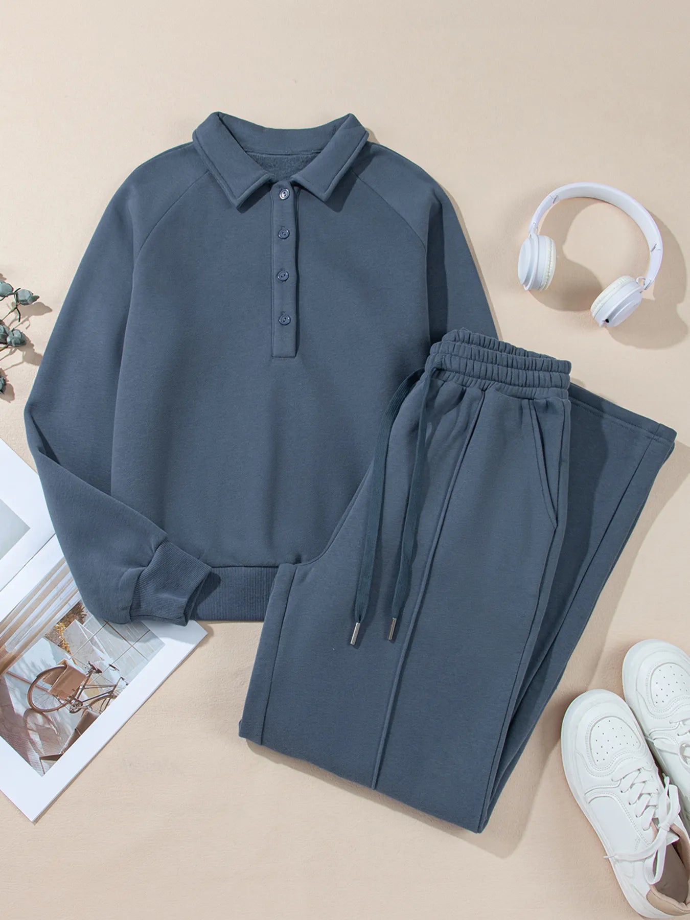 Collared Sweatshirt and High Waist Pants Active Set - Maria de Fatima Andrade