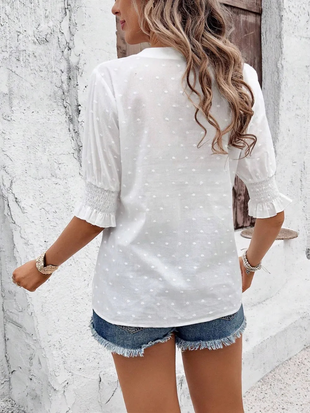 Eyelet Notched Flounce Sleeve Blouse - Maria de Fatima Andrade