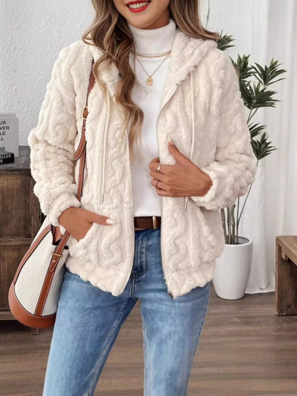 Drawstring Zip-Up Fleece Hooded Outerwear - Maria de Fatima Andrade