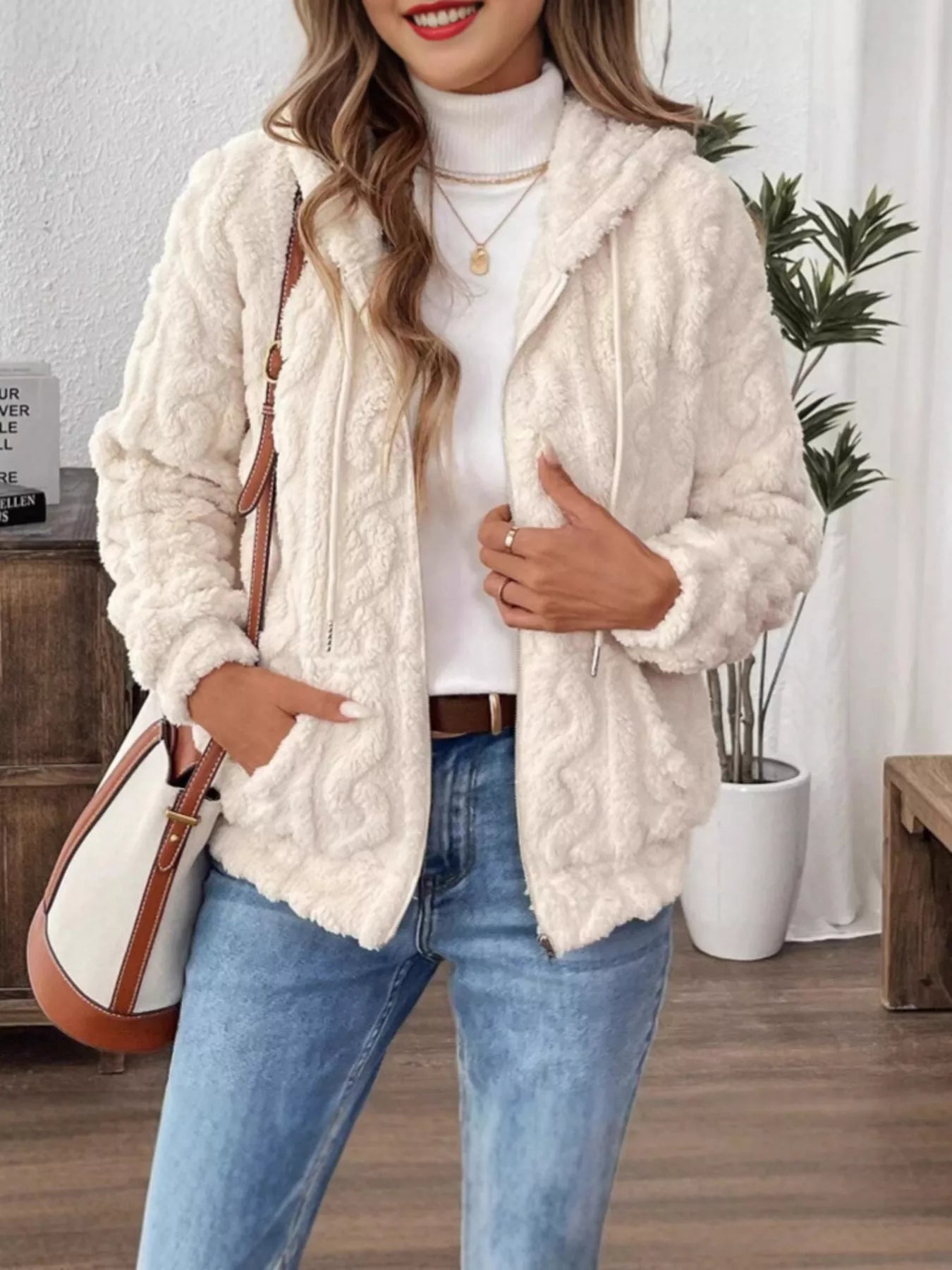 Drawstring Zip-Up Fleece Hooded Outerwear - Maria de Fatima Andrade