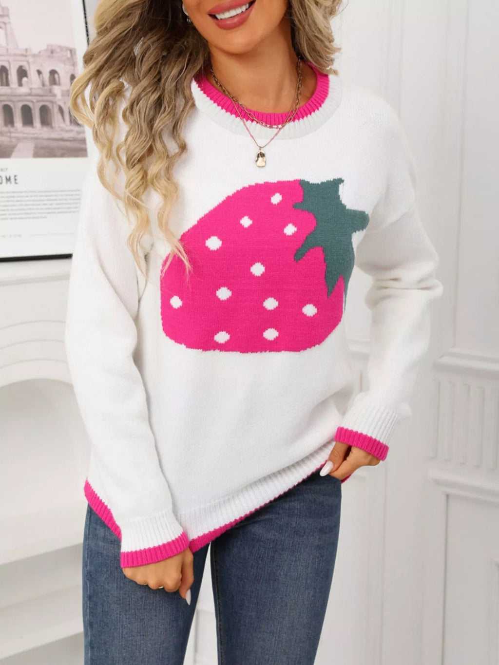 Strawberry Crew Neck Sweater - Maria de Fatima Andrade