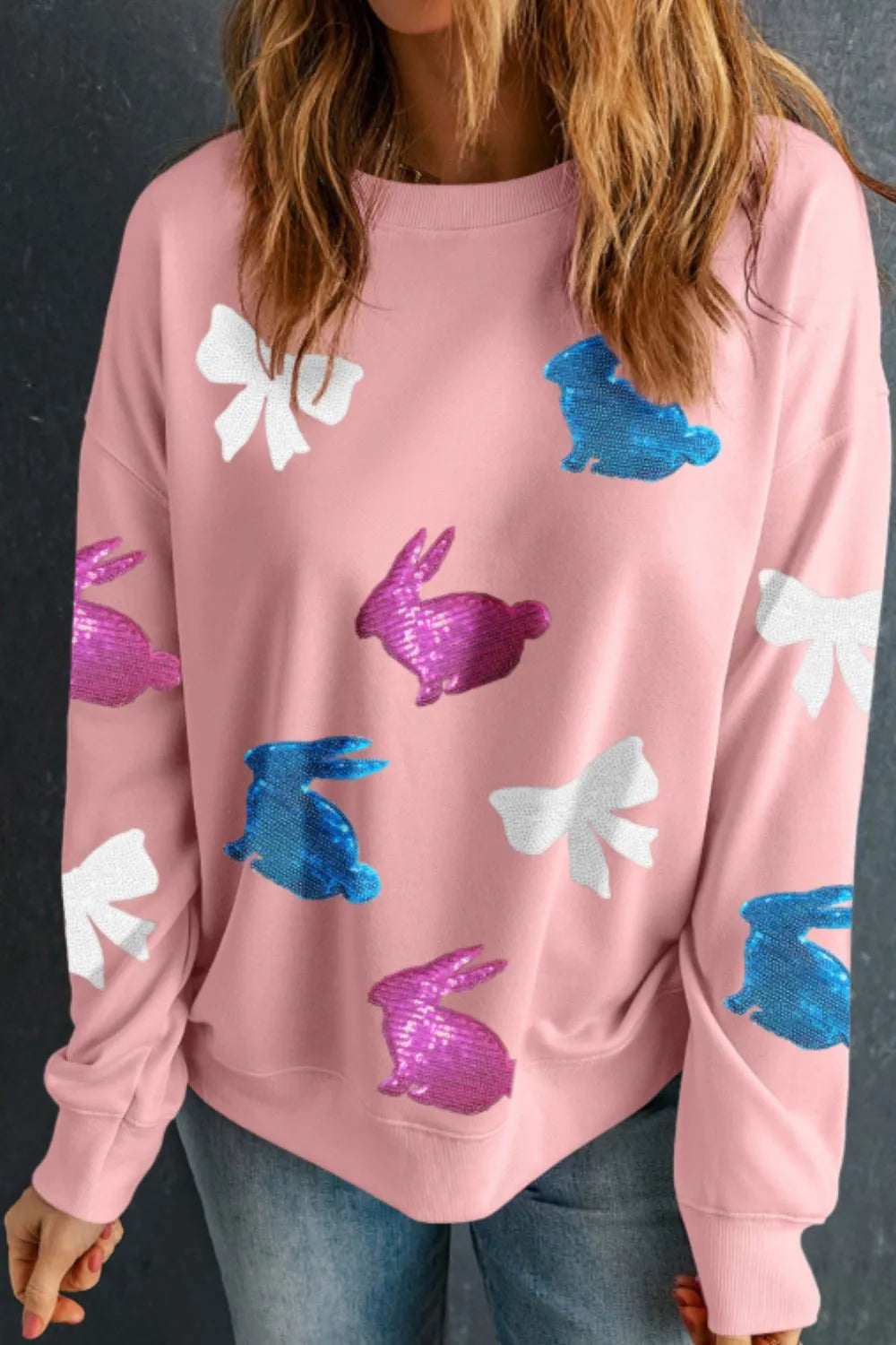 Easter Bunny Bow Knot Sequined Sweatshirt - Maria de Fatima Andrade