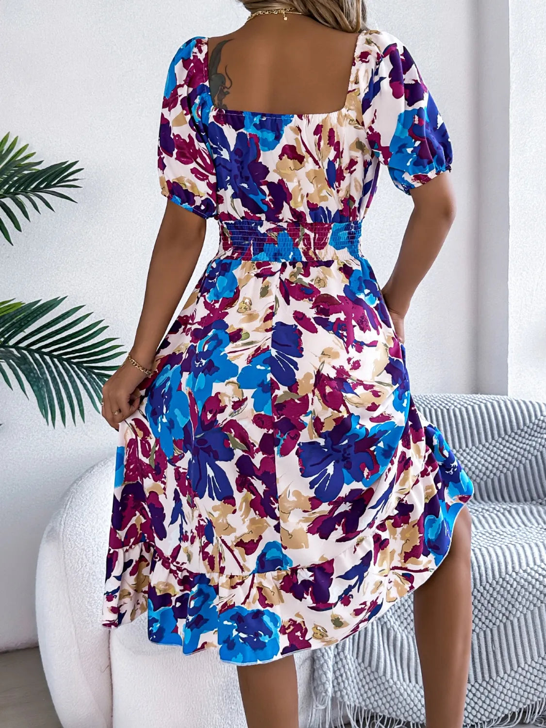 Ruffled Hem Smocked Floral Short Sleeve Midi Dress - Maria de Fatima Andrade