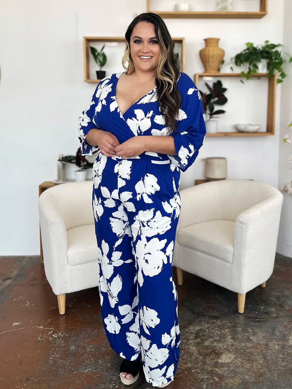 Double Take Full Size Printed Tie Back Wide Leg Jumpsuit - Maria de Fatima Andrade