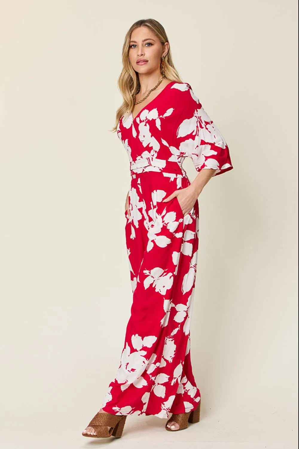 Double Take Full Size Printed Tie Back Wide Leg Jumpsuit - Maria de Fatima Andrade