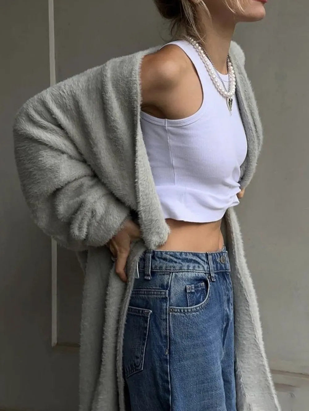 Fuzzy Open Front Solid Color Cardigan - Maria de Fatima Andrade