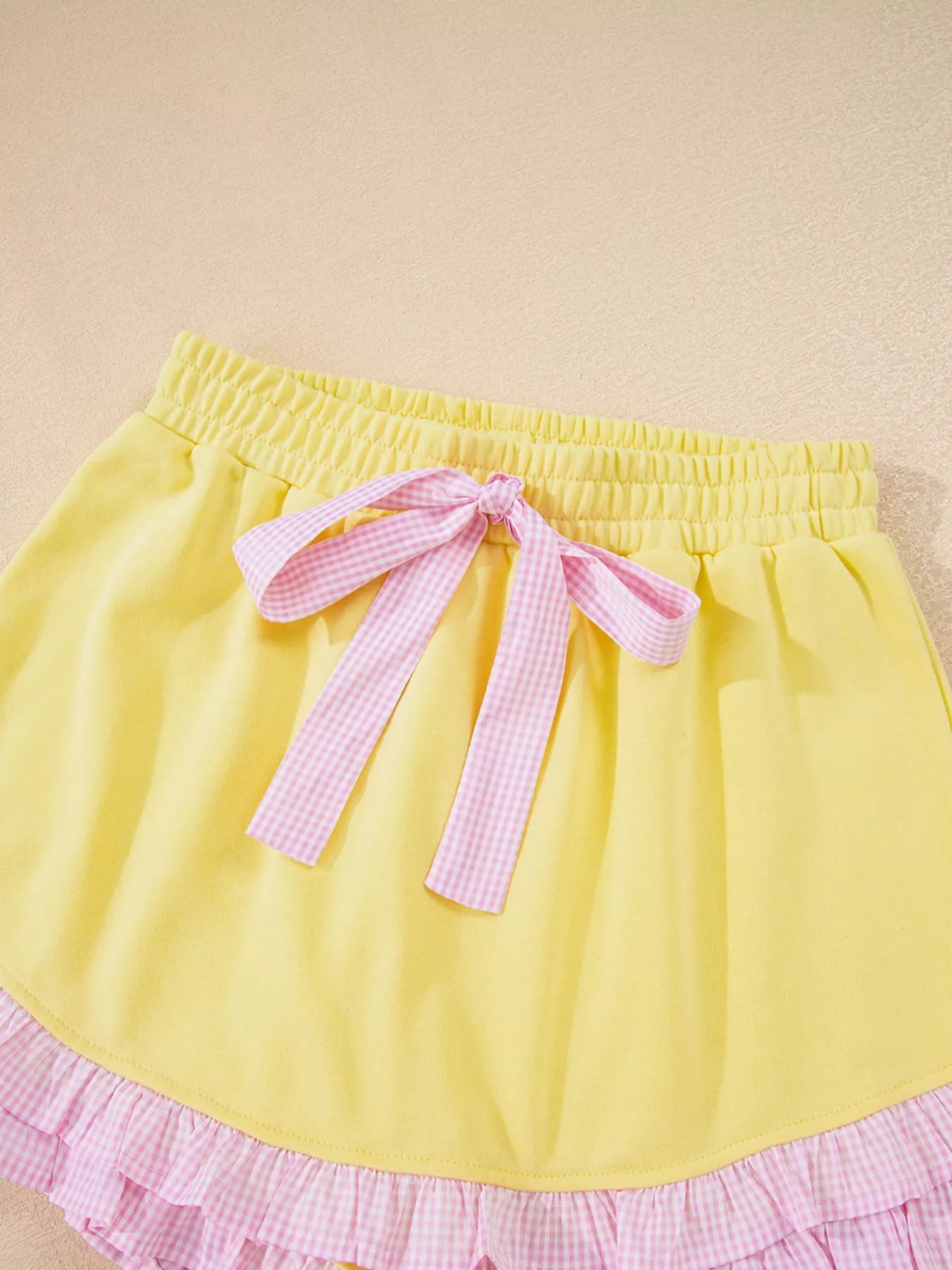 Contrast Frill Hem Round Neck Top and Shorts Set - Maria de Fatima Andrade